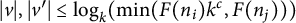 StartAbsoluteValue v EndAbsoluteValue comma StartAbsoluteValue v Superscript prime Baseline EndAbsoluteValue less than or equals log Subscript k Baseline left parenthesis min left parenthesis upper F left parenthesis n Subscript i Baseline right parenthesis k Superscript c Baseline comma upper F left parenthesis n Subscript j Baseline right parenthesis right parenthesis right parenthesis