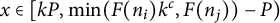 x element of left bracket k upper P comma min left parenthesis upper F left parenthesis n Subscript i Baseline right parenthesis k Superscript c Baseline comma upper F left parenthesis n Subscript j Baseline right parenthesis right parenthesis minus upper P right parenthesis