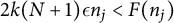 2 k left parenthesis upper N plus 1 right parenthesis epsilon n Subscript j Baseline less than upper F left parenthesis n Subscript j Baseline right parenthesis