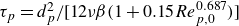 tau Subscript p Baseline equals d Subscript p Superscript 2 Baseline divided by left bracket 12 nu beta left parenthesis 1 plus 0.15 upper R e Subscript p comma 0 Superscript 0.687 Baseline right parenthesis right bracket