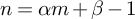 n equals alpha m plus beta minus 1