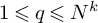 1 less than or slanted equals q less than or slanted equals upper N Superscript k
