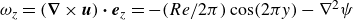omega Subscript z Baseline equals left parenthesis bold nabla times bold italic u right parenthesis bold dot bold italic e Subscript z Baseline equals minus left parenthesis upper R e divided by 2 pi right parenthesis cosine left parenthesis 2 pi y right parenthesis minus nabla squared psi