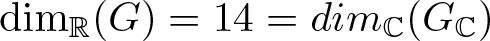 dimR left parenthesis upper G right parenthesis equals 14 equals dimC left parenthesis GC right parenthesis