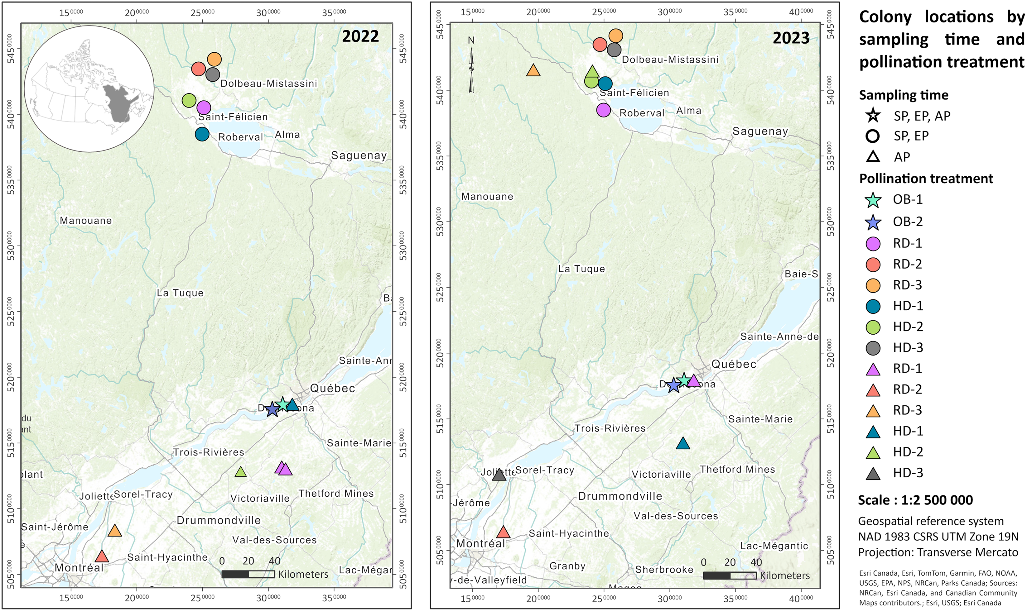 Map of colony locations by sampling time and pollination treatment in 2022 and 2023.