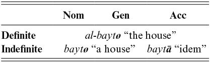 Table showing definite and indefinite forms of a noun across nominative, genitive, and accusative cases. Definite forms are identical across cases, while indefinite forms distinguish only the accusative. See long description.