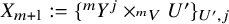 upper X Subscript m plus 1 Baseline colon equals left brace Superscript m Baseline upper Y Superscript j Baseline times Subscript Sub Superscript m Subscript upper V Baseline upper U Superscript prime Baseline right brace Subscript upper U prime comma j