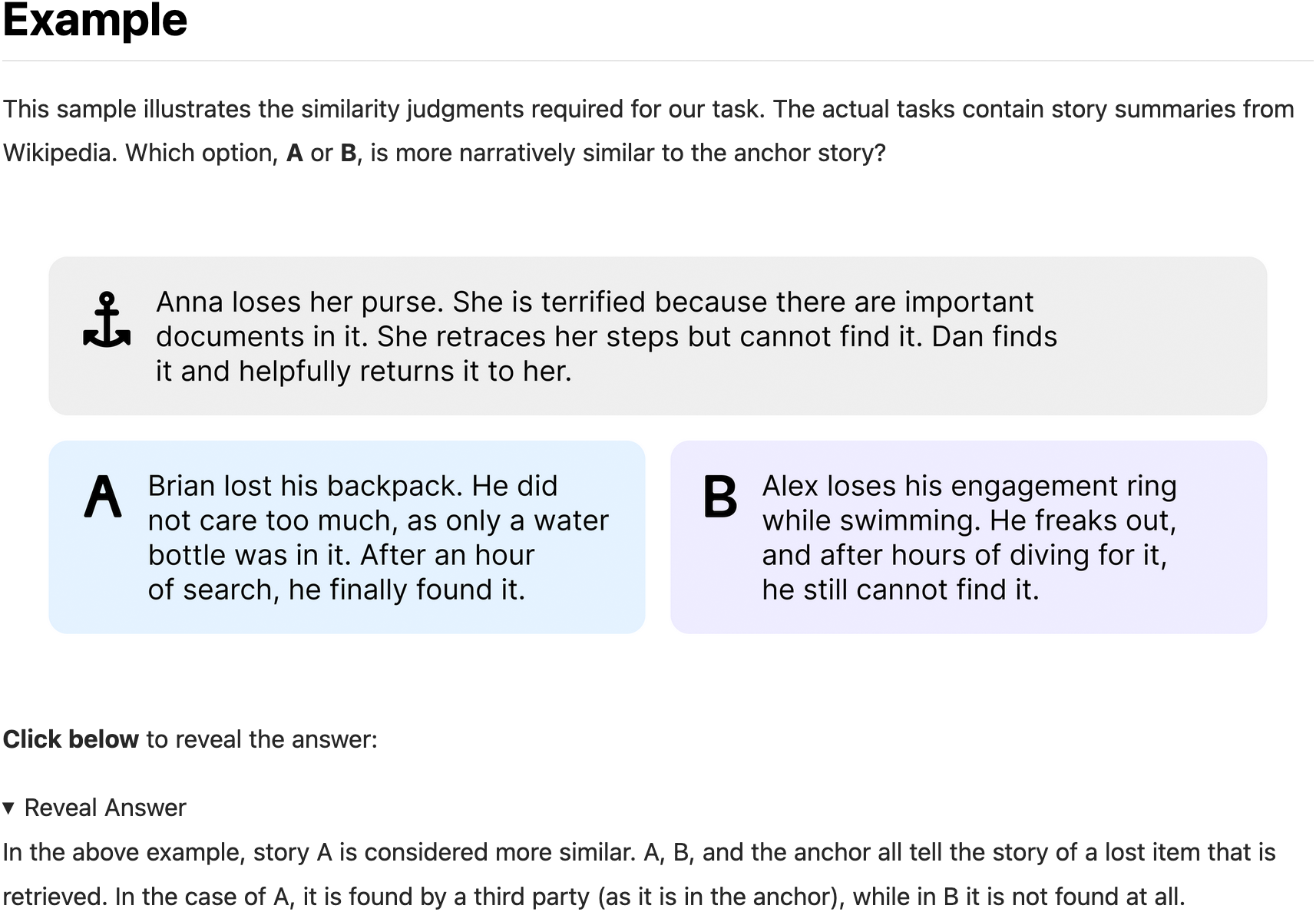 A narrative similarity assessment interface shows an anchor story and two options, A and B, for comparison. See long description.