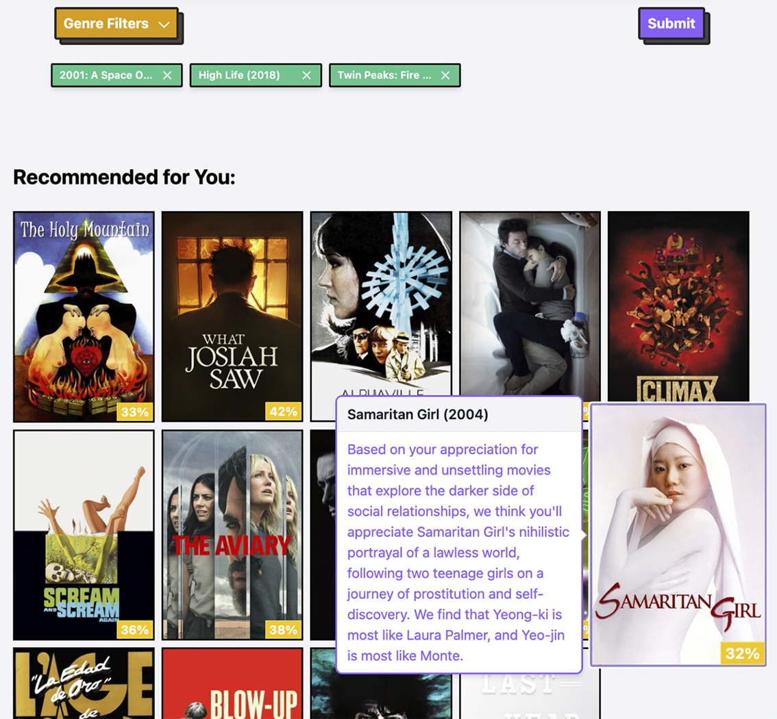 A digital interface for a movie recommendation system showing genre filters, selected titles, and a grid of film posters with a detailed pop-up for the film Samaritan Girl.