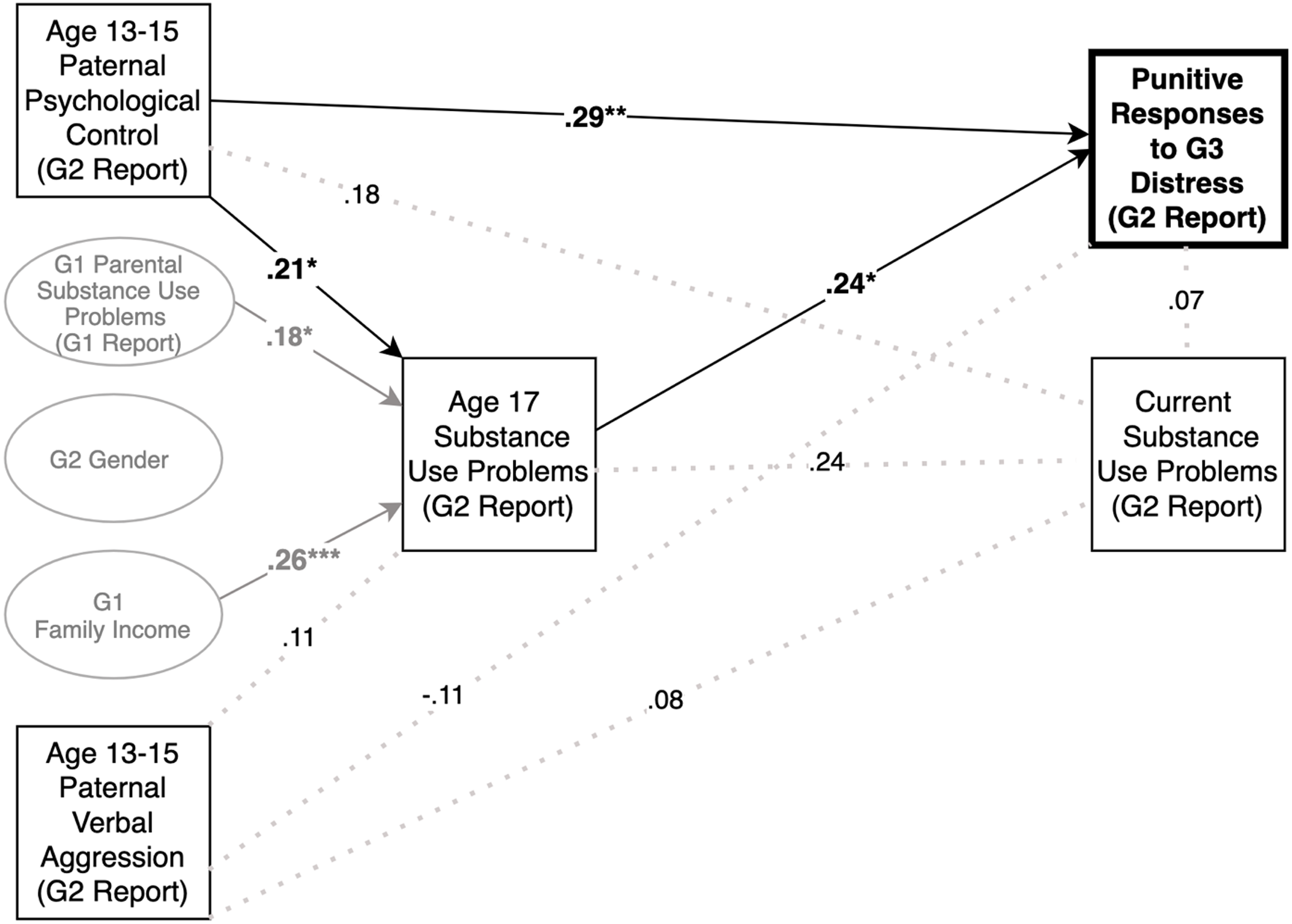 A diagram illustrating the relationships between paternal psychological control, paternal verbal aggression, substance use problems, and punitive responses to children’s distress across three generations.