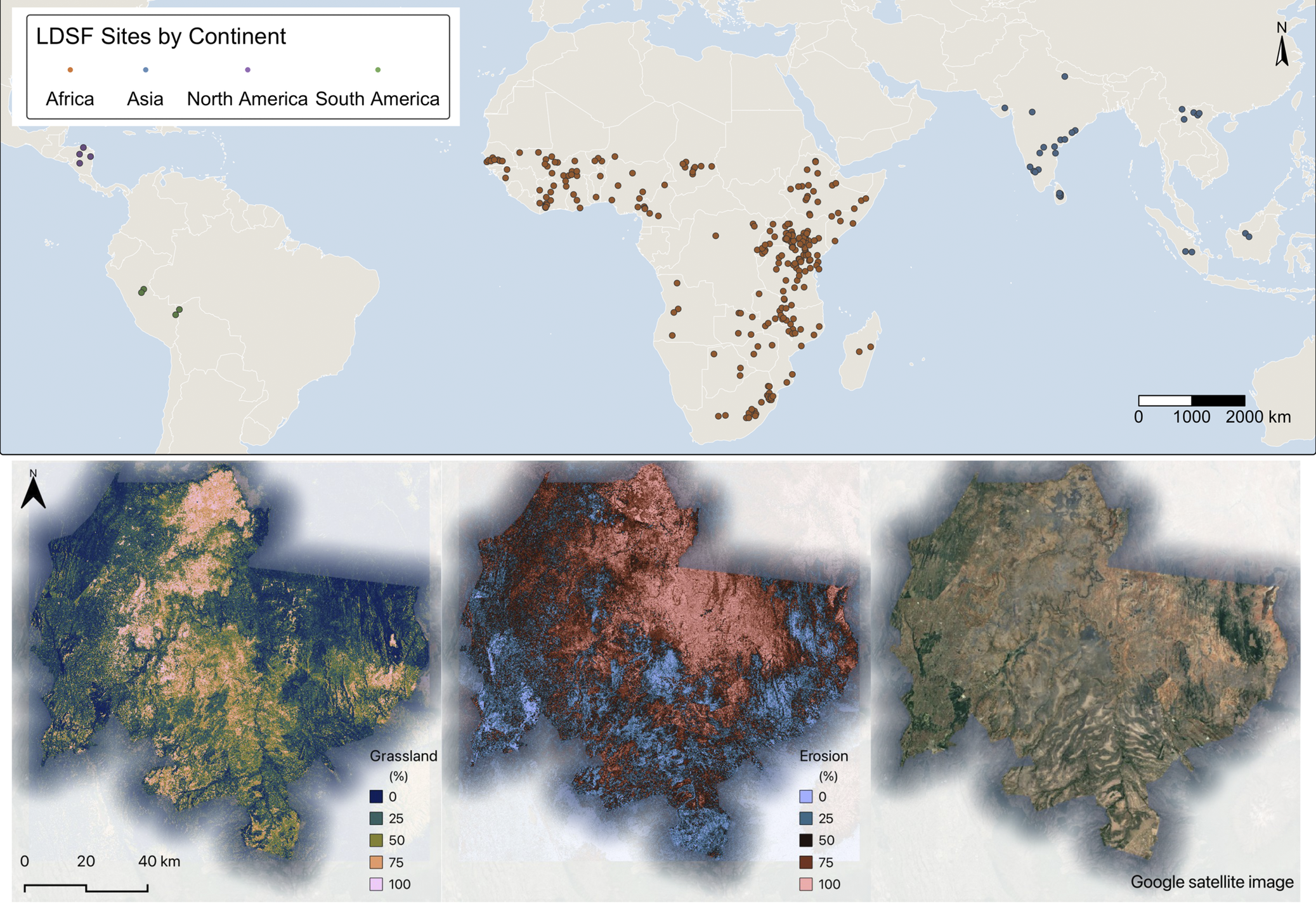 A two-panel graphic showing global LDSF site distribution and two regional land health maps of Laikipia County, Kenya, depicting grassland cover and erosion. See long description.