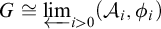 upper G approximately equals ModifyingBelow limit With left arrow Underscript i greater than 0 Endscripts left parenthesis script upper A Subscript i Baseline comma phi Subscript i Baseline right parenthesis