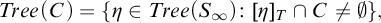 upper T r e e left parenthesis upper C right parenthesis equals StartSet eta element of upper T r e e left parenthesis upper S Subscript infinity Baseline right parenthesis colon left bracket eta right bracket Subscript upper T Baseline intersection upper C not equals normal empty set EndSet comma