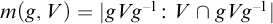 m left parenthesis g comma upper V right parenthesis equals StartAbsoluteValue g upper V g Superscript negative 1 Baseline colon upper V intersection g upper V g Superscript negative 1 Baseline EndAbsoluteValue