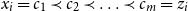 x Subscript i Baseline equals c 1 precedes c 2 precedes ellipsis precedes c Subscript m Baseline equals z Subscript i