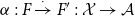 alpha colon upper F ModifyingAbove right arrow With dot upper F Superscript prime Baseline colon script upper X right arrow script upper A