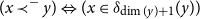 left parenthesis x precedes Superscript minus Baseline y right parenthesis left right double arrow left parenthesis x element of delta Subscript dimension left parenthesis y right parenthesis plus 1 Baseline left parenthesis y right parenthesis right parenthesis
