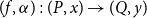 left parenthesis f comma alpha right parenthesis colon left parenthesis upper P comma x right parenthesis right arrow left parenthesis upper Q comma y right parenthesis