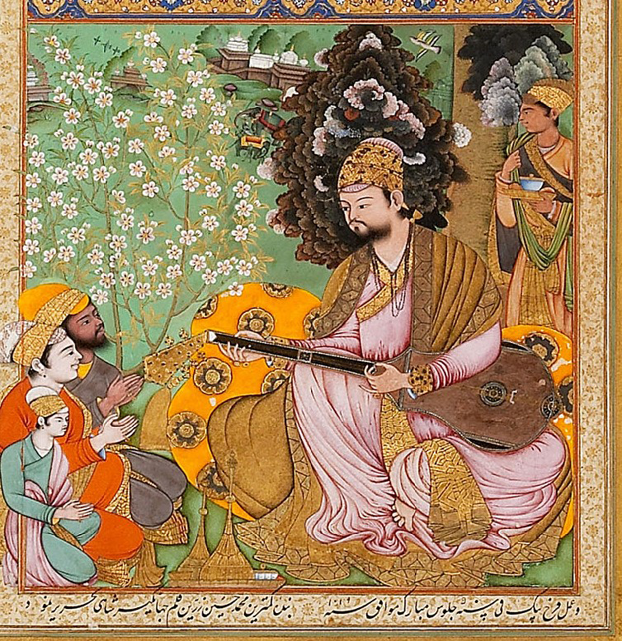 A historical painting of Sultan Ibrahim Adil Shah II playing a tambur, surrounded by three attendants in a garden setting.