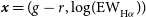 bold italic x equals left parenthesis g minus r comma log left parenthesis normal upper E normal upper W Subscript normal upper H alpha Baseline right parenthesis right parenthesis