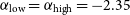 alpha Subscript normal l normal o normal w Baseline equals alpha Subscript normal h normal i normal g normal h Baseline equals negative 2.35