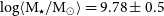 log left angle bracket normal upper M Subscript star Baseline divided by normal upper M Subscript circled dot Baseline right angle bracket equals 9.78 plus or minus 0.5