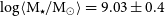 log left angle bracket normal upper M Subscript star Baseline divided by normal upper M Subscript circled dot Baseline right angle bracket equals 9.03 plus or minus 0.4