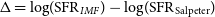 normal upper Delta equals log left parenthesis normal upper S normal upper F normal upper R Subscript upper I upper M upper F Baseline right parenthesis minus log left parenthesis normal upper S normal upper F normal upper R Subscript normal upper S normal a normal l normal p normal e normal t normal e normal r Baseline right parenthesis