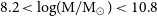 8.2 less than log left parenthesis normal upper M divided by normal upper M Subscript circled dot Baseline right parenthesis less than 10.8