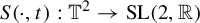 upper S left parenthesis dot comma t right parenthesis colon double struck upper T squared right arrow upper S upper L left parenthesis 2 comma double struck upper R right parenthesis