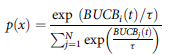 p left parenthesis x right parenthesis equals StartStartFraction exp left parenthesis upper B upper U upper C upper B Subscript i Baseline left parenthesis t right parenthesis divided by tau right parenthesis OverOver sigma summation Underscript j equals 1 Overscript upper N Endscripts exp left parenthesis StartFraction upper B upper U upper C upper B Subscript j Baseline left parenthesis t right parenthesis Over tau EndFraction right parenthesis EndEndFraction