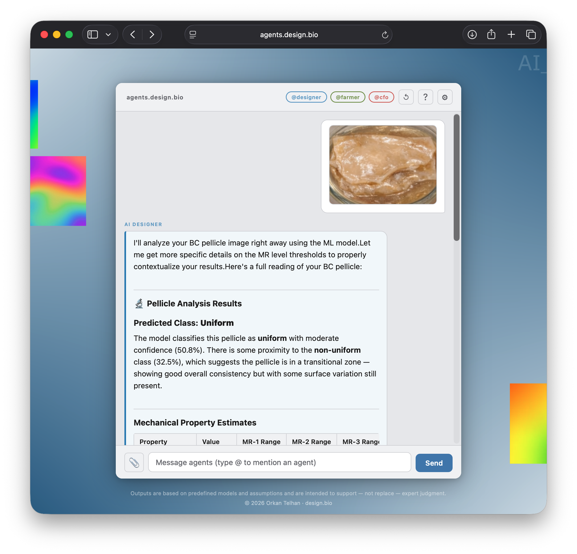 A computer screen displaying an AI designer analyzing a BC pellicle image with results and mechanical property estimates.