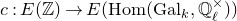 c colon upper E left parenthesis double struck upper Z right parenthesis right arrow upper E left parenthesis normal upper H normal o normal m left parenthesis normal upper G normal a normal l Subscript k Baseline comma double struck upper Q Subscript script l Superscript times Baseline right parenthesis right parenthesis