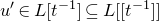 u prime element of upper L left bracket t Superscript negative 1 Baseline right bracket subset of or equal to upper L left bracket left bracket t Superscript negative 1 Baseline right bracket right bracket