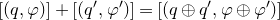 left bracket left parenthesis q comma phi right parenthesis right bracket plus left bracket left parenthesis q prime comma phi Superscript prime Baseline right parenthesis right bracket equals left bracket left parenthesis q circled plus q Superscript prime Baseline comma phi circled plus phi Superscript prime Baseline right parenthesis right bracket