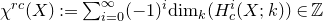 chi Superscript normal r normal c Baseline left parenthesis upper X right parenthesis colon equals sigma summation Underscript i equals 0 Overscript normal infinity Endscripts left parenthesis negative 1 right parenthesis Superscript i Baseline normal d normal i normal m Subscript k Baseline left parenthesis upper H Subscript c Superscript i Baseline left parenthesis upper X semicolon k right parenthesis right parenthesis element of double struck upper Z