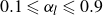 0.1 less than or slanted equals alpha Subscript l Baseline less than or slanted equals 0.9