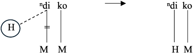 A linguistic autosegmental diagram showing the association of a High grammatical tone to a verb root.