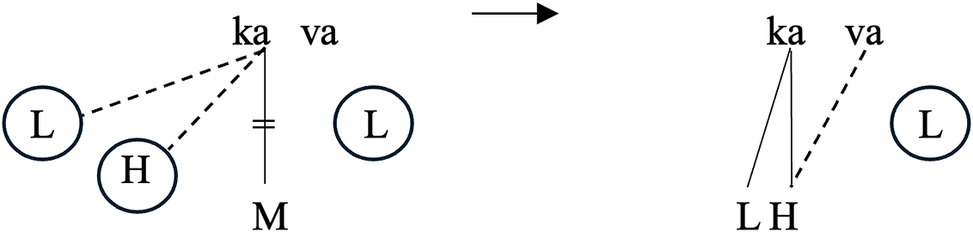 Linguistic diagram showing the rightward spreading of a High tone after the attachment of a negative Low High tone sequence.