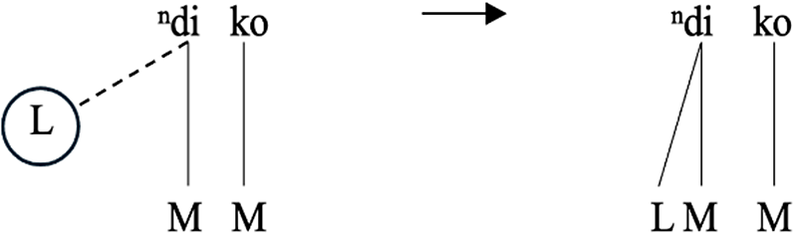A linguistic structural diagram illustrating the association of a Low past tense grammatical tone with a bimoraic stem.