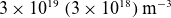 3 times 10 Superscript 19 Baseline left parenthesis 3 times 10 Superscript 18 Baseline right parenthesis normal m Superscript negative 3
