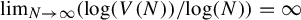 limit Underscript upper N right arrow infinity Endscripts left parenthesis log left parenthesis upper V left parenthesis upper N right parenthesis right parenthesis divided by log left parenthesis upper N right parenthesis right parenthesis equals infinity