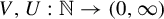 upper V comma upper U colon double struck upper N right arrow left parenthesis 0 comma infinity right parenthesis