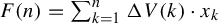 upper F left parenthesis n right parenthesis equals sigma summation Underscript k equals 1 Overscript n Endscripts normal upper Delta upper V left parenthesis k right parenthesis dot x Subscript k
