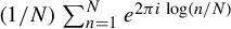 left parenthesis 1 divided by upper N right parenthesis sigma summation Underscript n equals 1 Overscript upper N Endscripts e Superscript 2 pi i log left parenthesis n divided by upper N right parenthesis