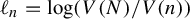script l Subscript n Baseline equals log left parenthesis upper V left parenthesis upper N right parenthesis divided by upper V left parenthesis n right parenthesis right parenthesis