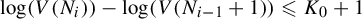 log left parenthesis upper V left parenthesis upper N Subscript i Baseline right parenthesis right parenthesis minus log left parenthesis upper V left parenthesis upper N Subscript i minus 1 Baseline plus 1 right parenthesis right parenthesis less than or slanted equals upper K 0 plus 1