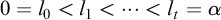 0 equals l 0 less than l 1 less than midline horizontal ellipsis less than l Subscript t Baseline equals alpha