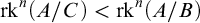 rk Superscript n Baseline left parenthesis upper A divided by upper C right parenthesis less than rk Superscript n Baseline left parenthesis upper A divided by upper B right parenthesis