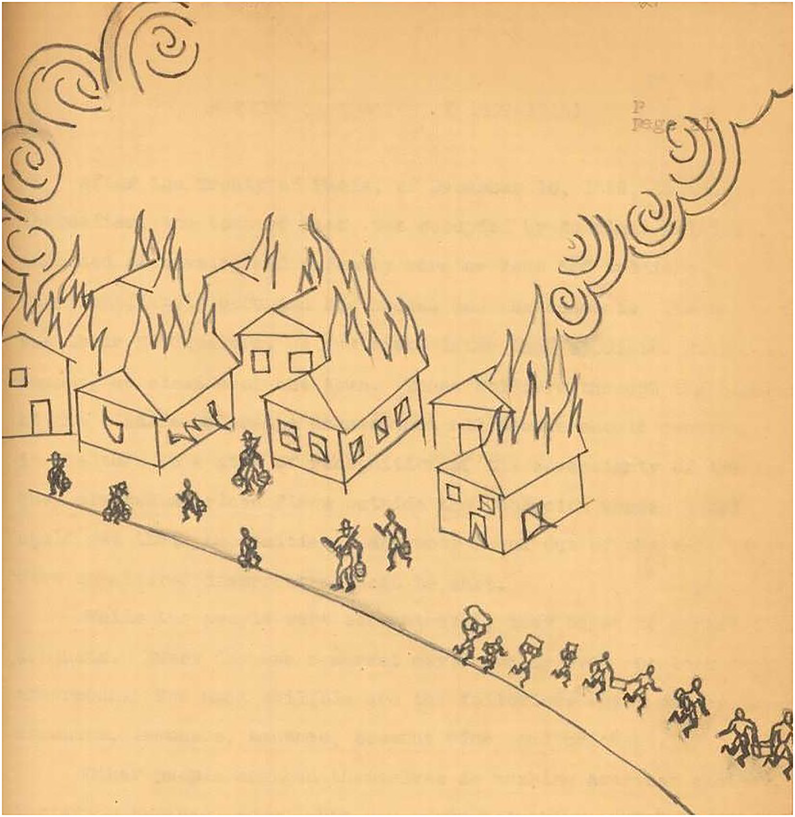 Illustration of a village on fire with people evacuating.
